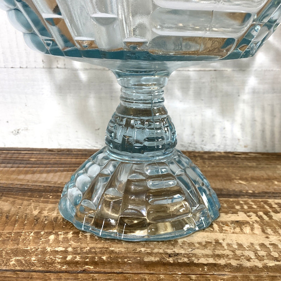 Vintage 1950's Jeannette Glass Louisa Star Lite Blue Footed Compote Bowl 9" Dia - Picture 5 of 12